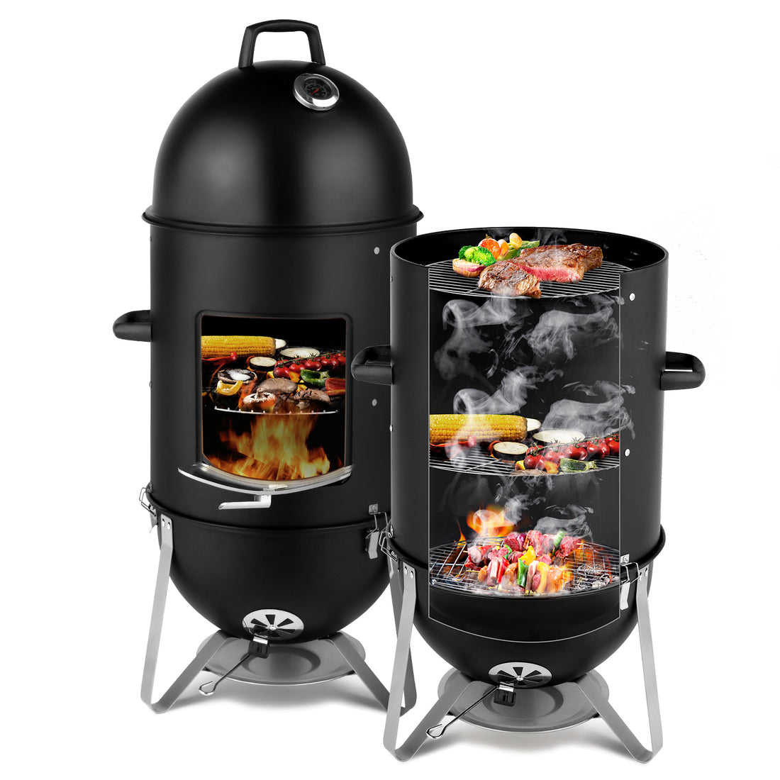 Black 3-layer Oval Cylinder Smoker Iron Charcoal Grill