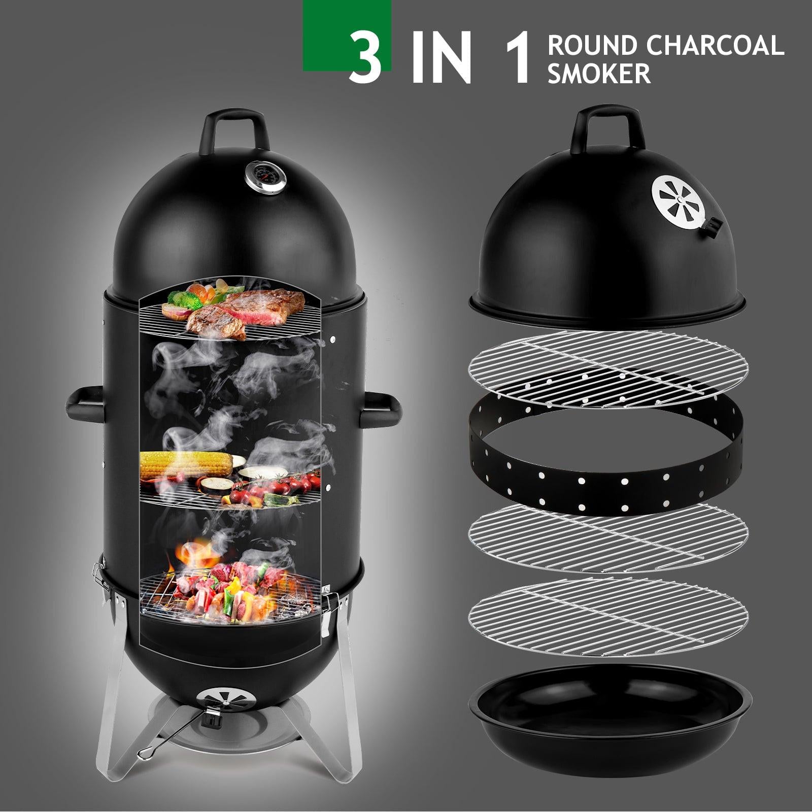 3-Layer Charcoal Smoker Grill for Outdoor BBQ Cooking