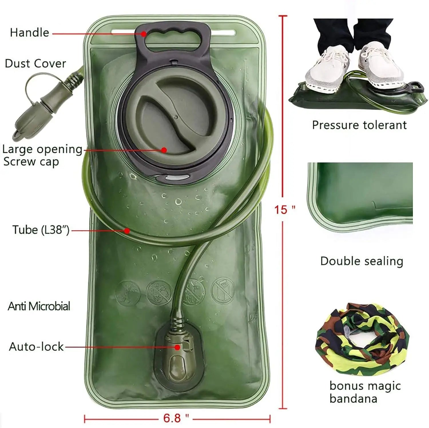 2L Hydration Bladder for Hiking – Leak-Proof Water Reservoir Military Green