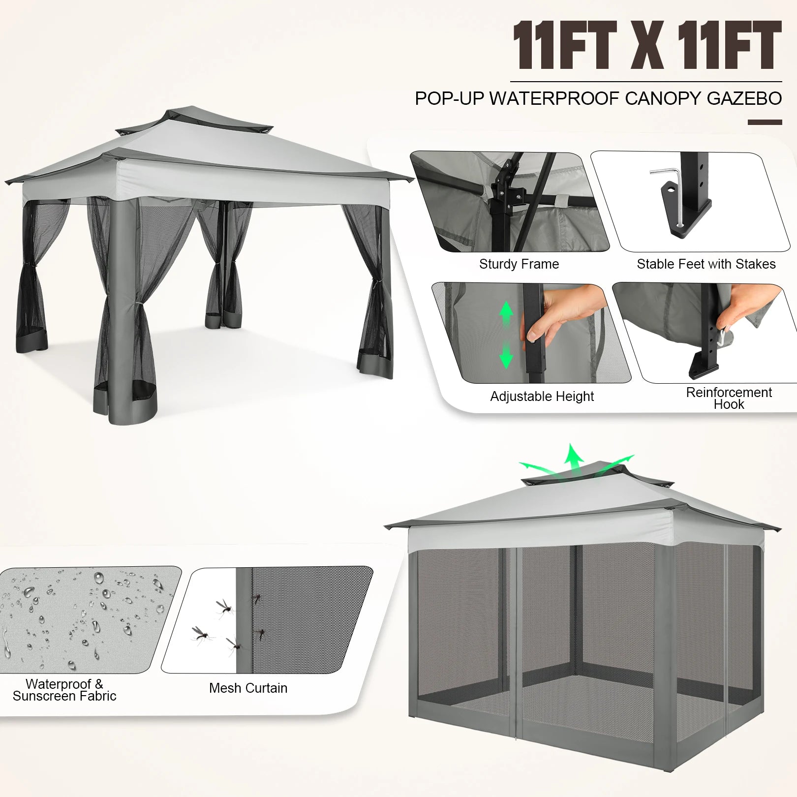 11x11 Pop Up Gazebo Tent with Mosquito Net & Canopy