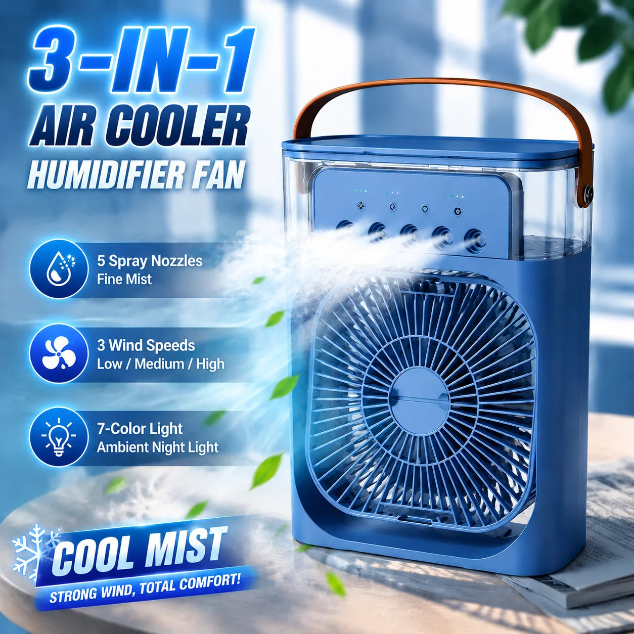 3-in-1 Portable Air Cooler Fan – LED Light, Humidifier & Water Spray Fan for Travel