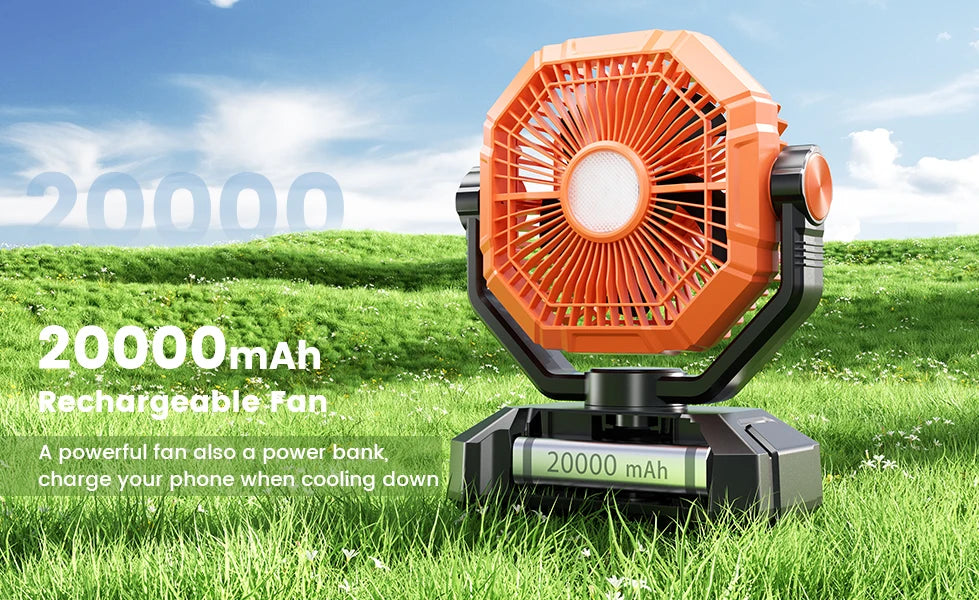 20000mAh Rechargeable Camping Fan – 8-Speed Portable Tent Fan with LED Lantern, Remote & Hook
