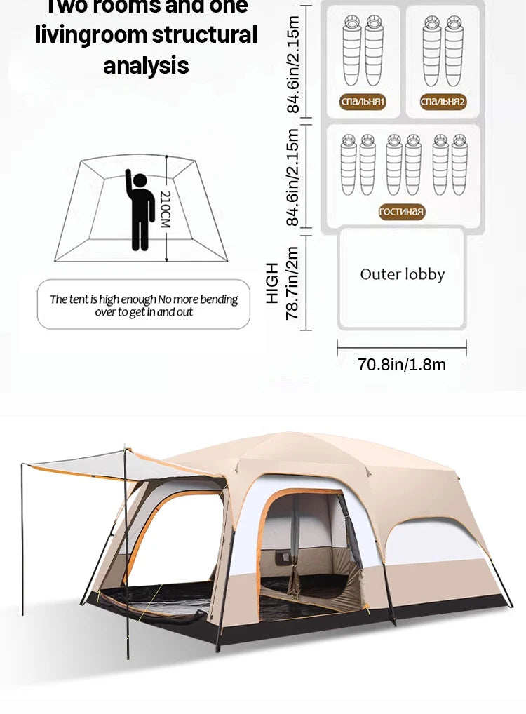 Upgraded 4 Season Camping Tent 3-12 Person Waterproof Windproof Double Layer 2 Room Family Outdoor Backpacking Equipment