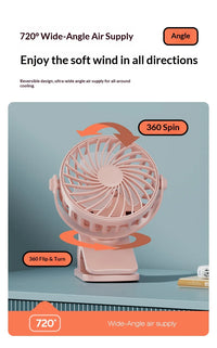 Portable Rechargeable Clip Fan – 720° Rotating Hanging Fan with Night Light for Camping & Outdoor Use