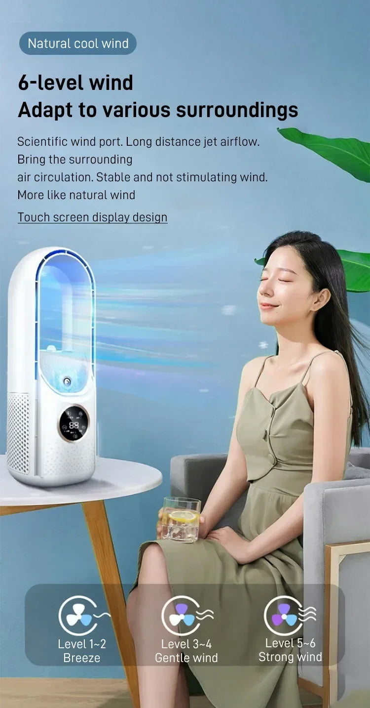Portable Mini Air Cooler Fan – USB Bladeless Cooling Fan with 6 Speeds & Timer