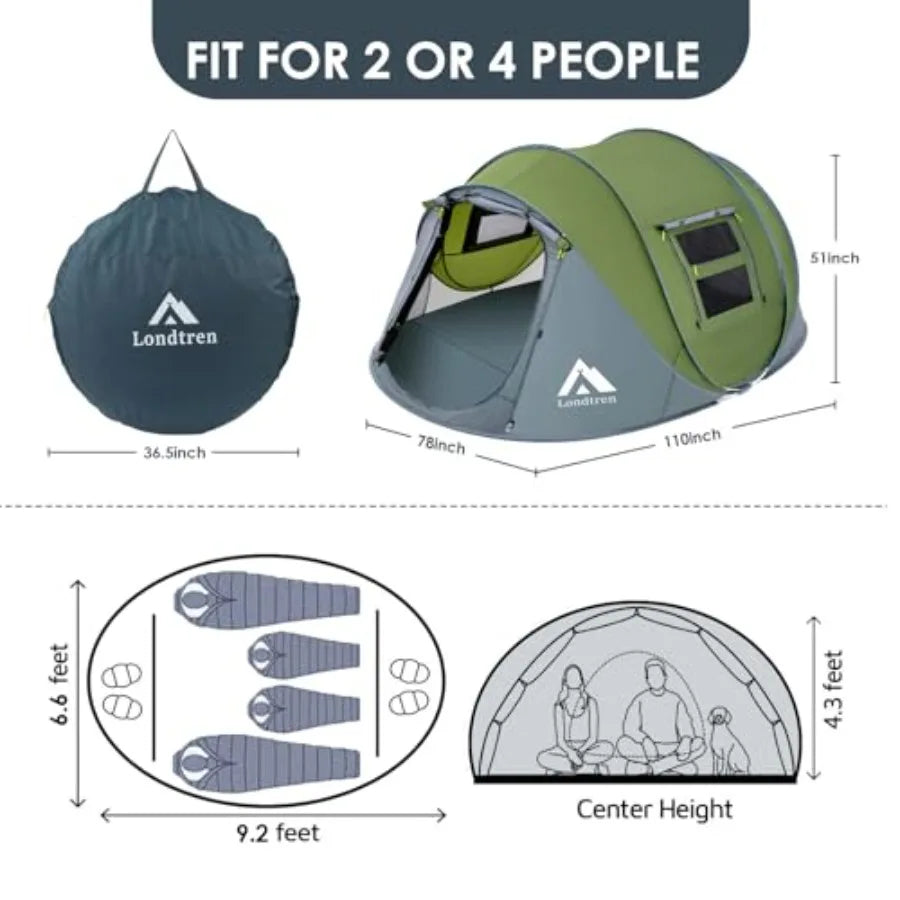 4 Person Pop Up Camping Tent – Automatic Instant Setup Waterproof Tent with 2 Doors for Hiking & Travel