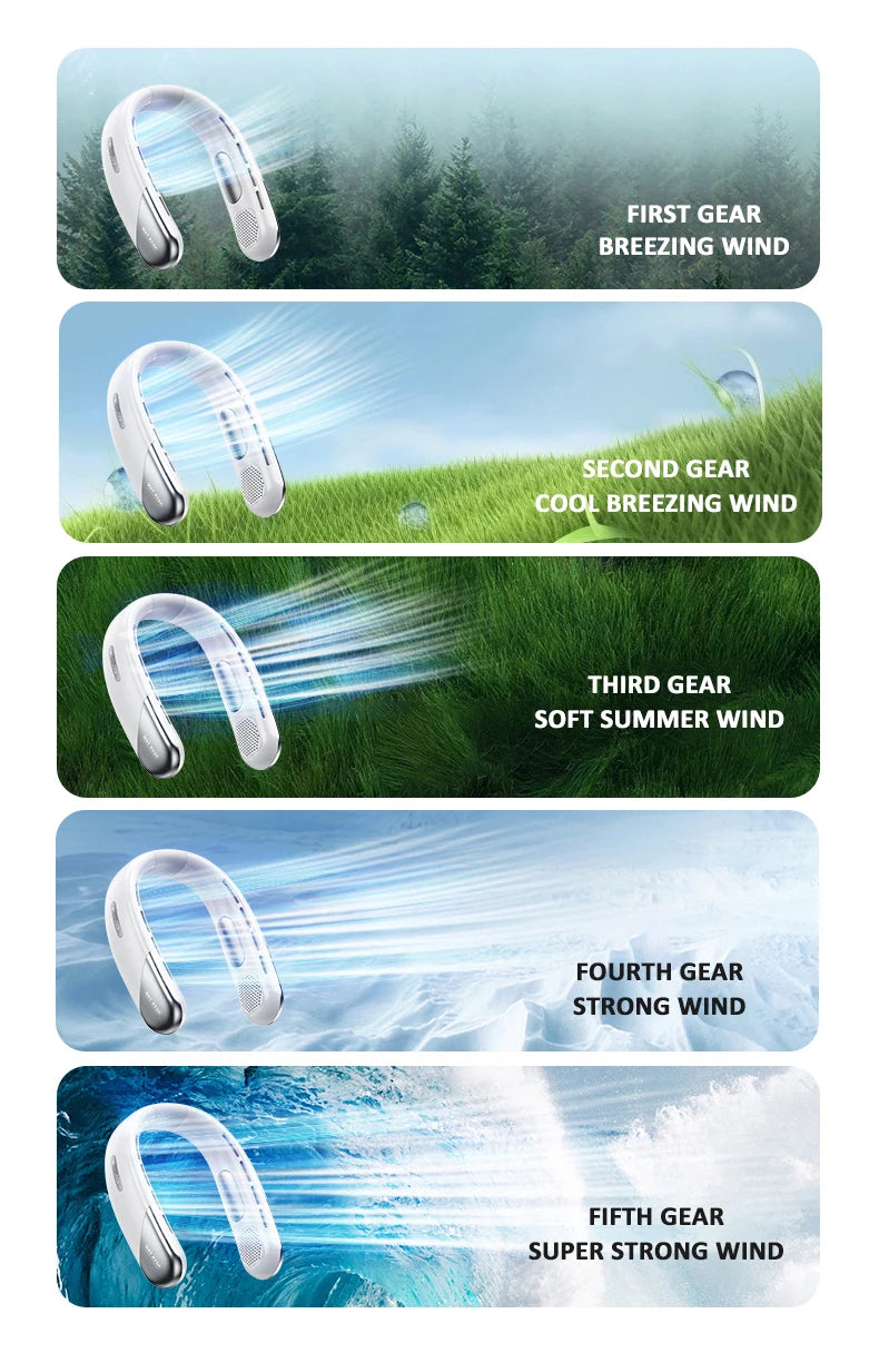 Wearable Neck Fan with LED Display – 360° Portable Cooling Fan, 5 Speeds & Low Noise Design