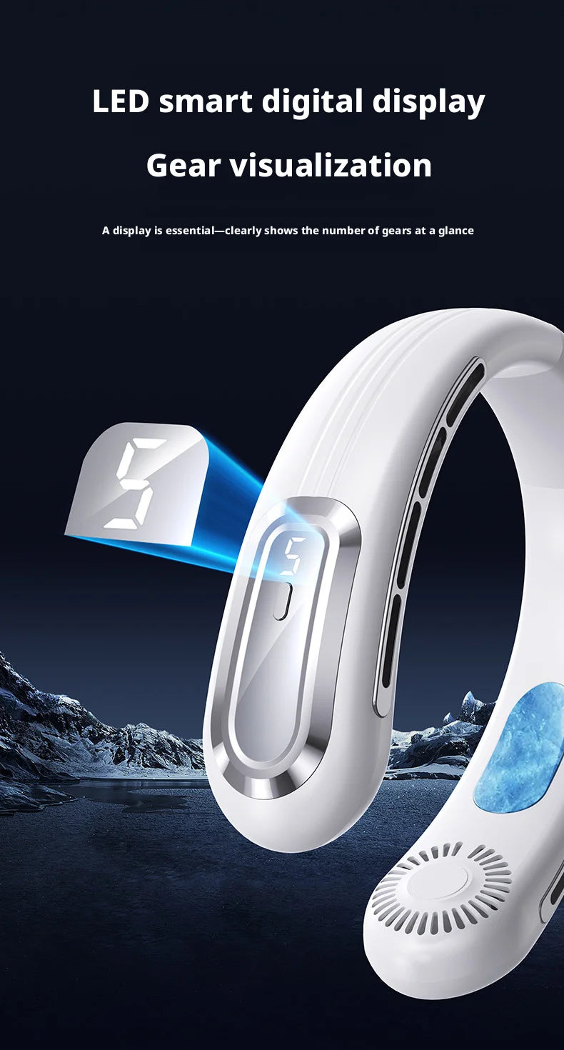 Mini Bladeless Neck Fan – USB Rechargeable Portable Hanging Fan with LED Digital Display