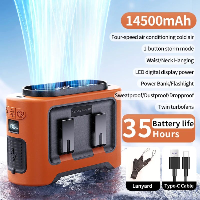 Socoolfan 14500mAh Wearable Waist Fan – Portable Dual Air Vent Fan for Travel, Sports & Outdoor Work