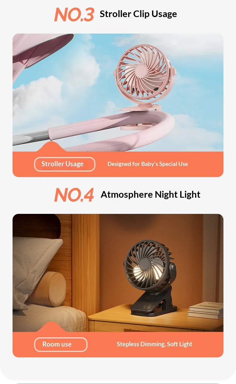 Portable Rechargeable Clip Fan – 720° Rotating Hanging Fan with Night Light for Camping & Outdoor Use