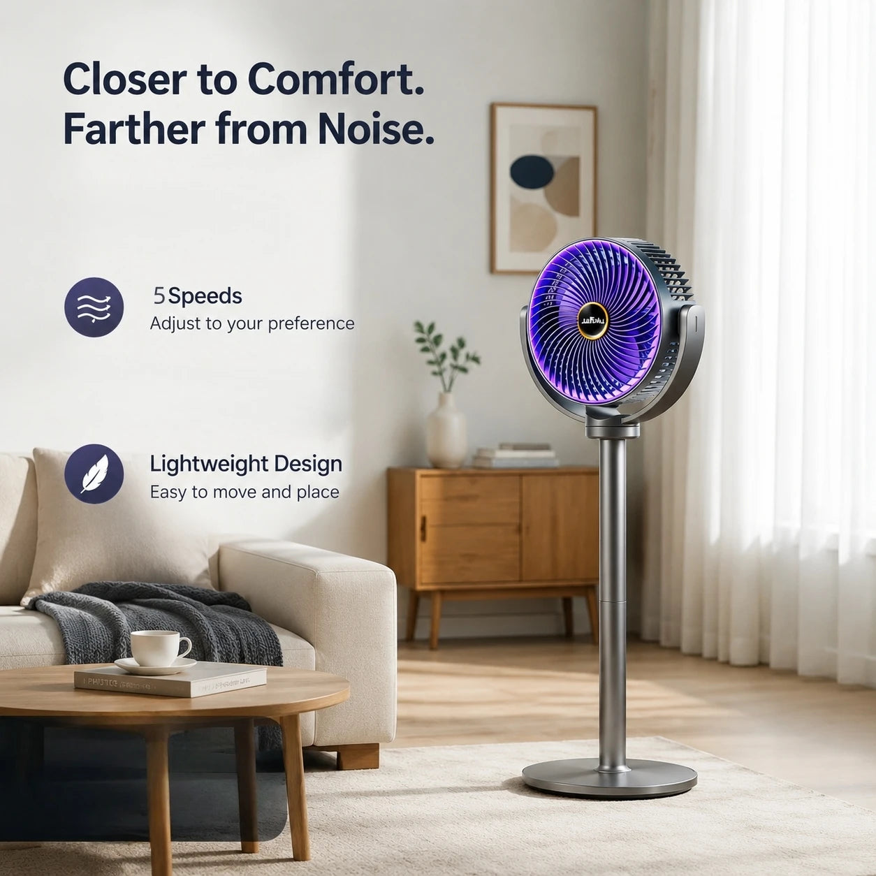3-in-1 Portable Air Circulator Fan – 5-Speed Quiet Pedestal Stand Fan with USB-C Charging