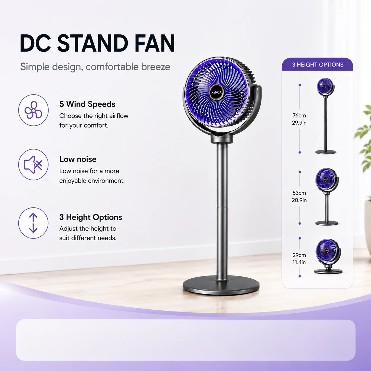 3-in-1 Portable Air Circulator Fan – 5-Speed Quiet Pedestal Stand Fan with USB-C Charging