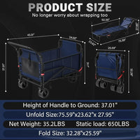 Heavy Duty Folding Wagon Cart - 2-in-1 Collapsible Utility Cart with 650lb Capacity, All-Terrain Wheels & Brakes, Blue
