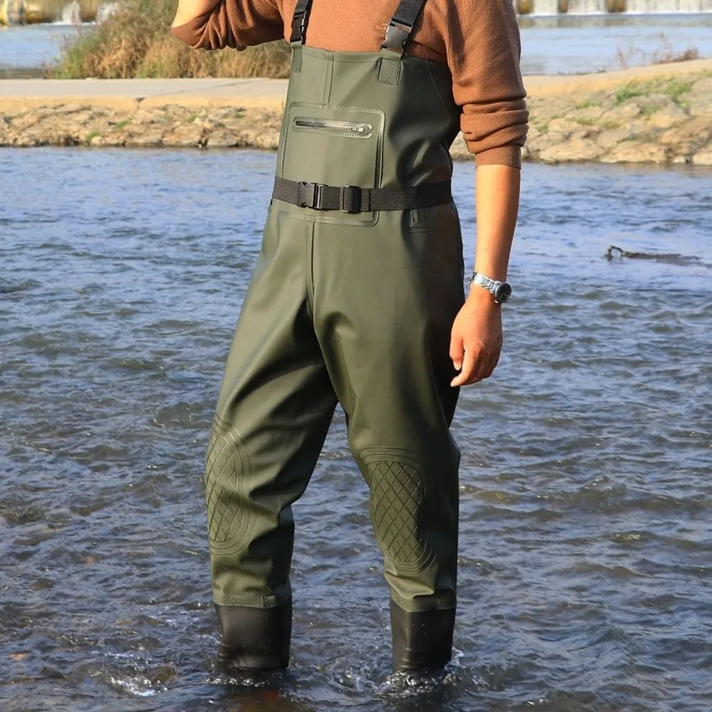 Heavy Duty Waterproof Fishing Wader Suit with Boots – Durable PVC Fishing Overalls with Knee Pads