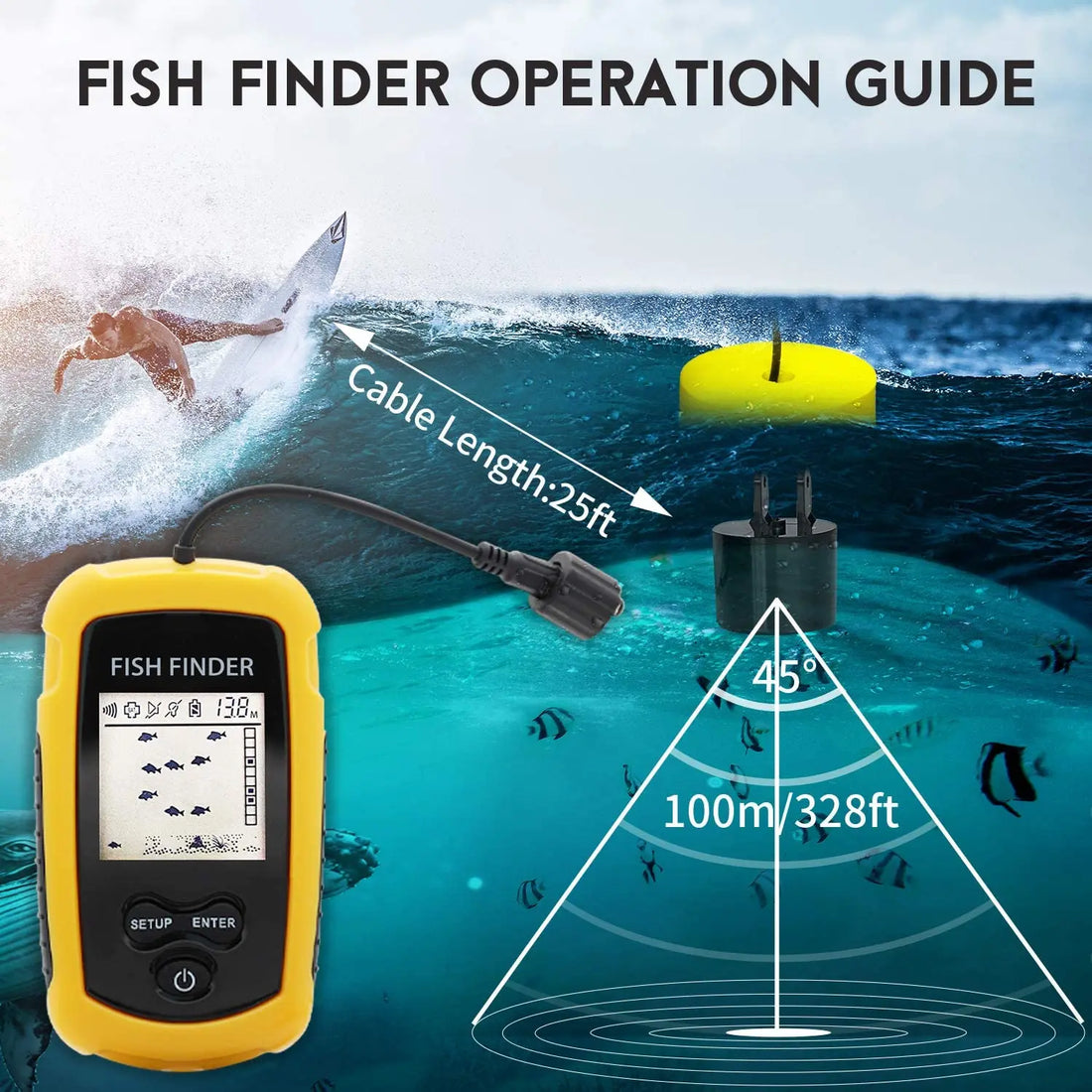 Portable Sonar Fish Finder – 100M Range Depth Finder with Fish Alarm & Echo Sounder