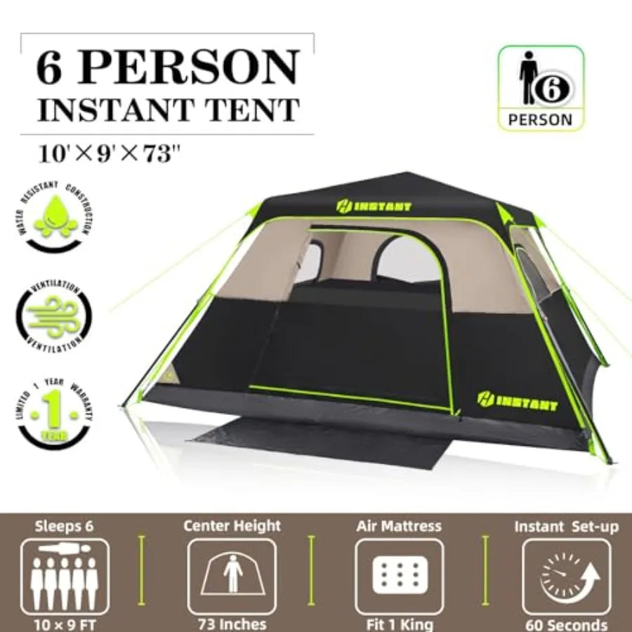 6 Person Instant Camping Tent – Waterproof Pop Up Tent with Rainfly, 60-Second Setup Automatic Family Shelter