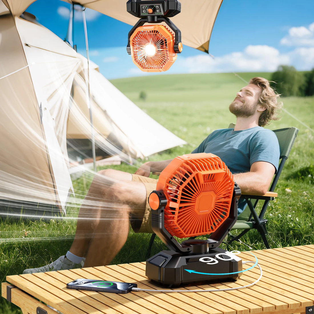 20000mAh Rechargeable Camping Fan – 8-Speed Portable Tent Fan with LED Lantern, Remote & Hook