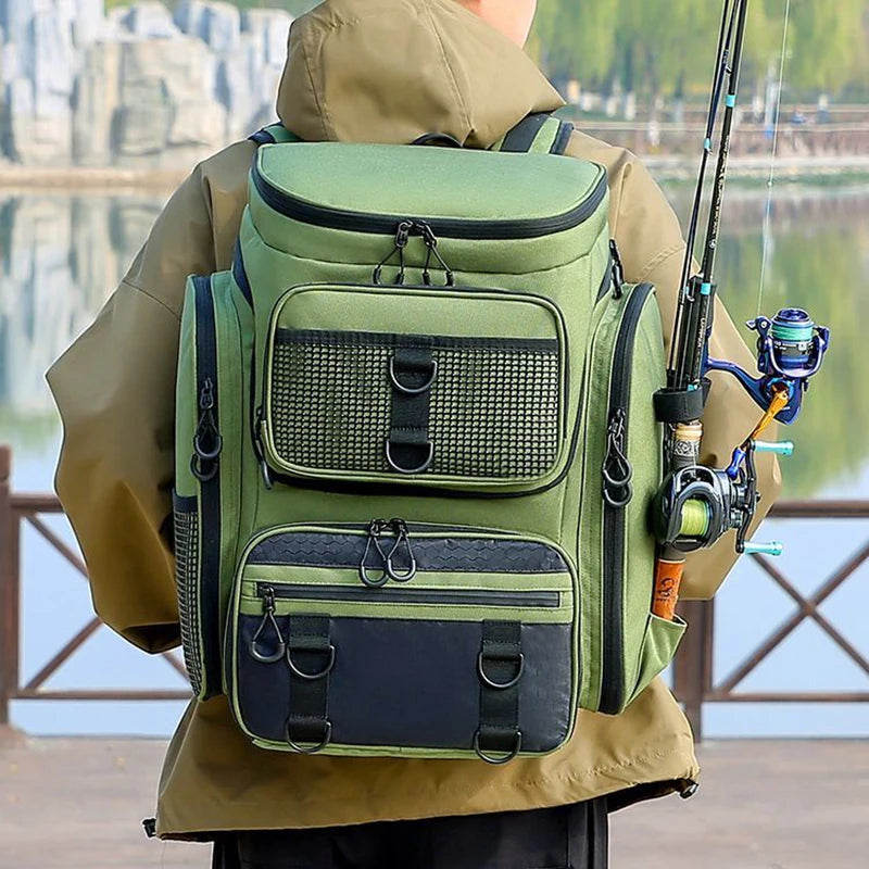 Heavy Duty Fishing Backpack with Rod Holders – Waterproof Multifunctional Tackle Storage Bag for Fishing & Hiking
