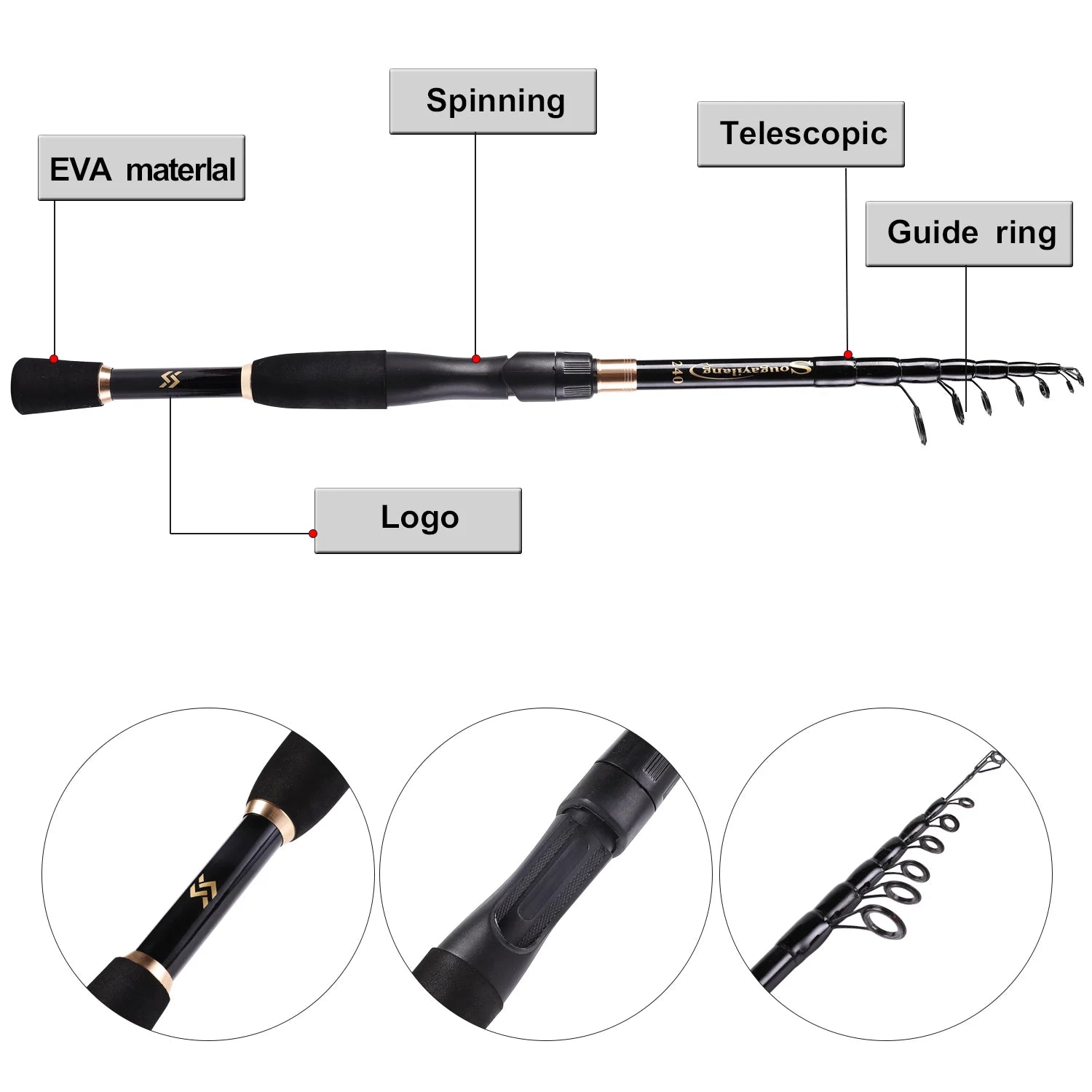 Sougayilang Telescopic Fishing Combo 1.8m 2.1m 2.4m Carbon Fiber Rod and 5.5:1 13+1BB Spinning Fishing Reel Fishing Kit Pesca