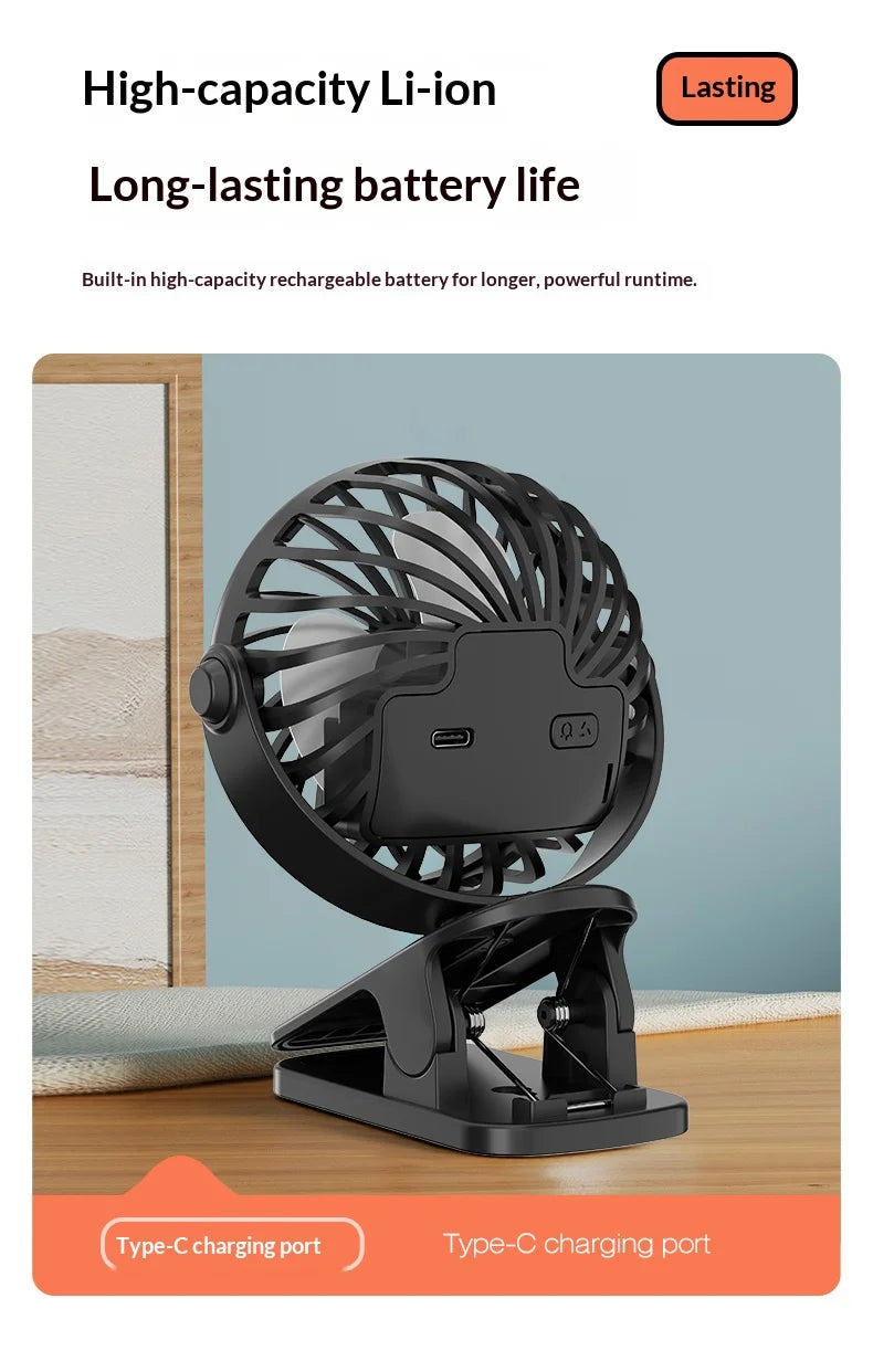 Portable Rechargeable Clip Fan – 720° Rotating Hanging Fan with Night Light for Camping & Outdoor Use
