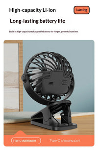 Portable Rechargeable Clip Fan – 720° Rotating Hanging Fan with Night Light for Camping & Outdoor Use