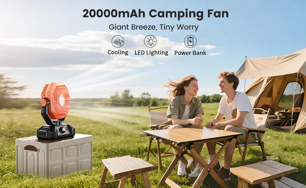 20000mAh Rechargeable Camping Fan – 8-Speed Portable Tent Fan with LED Lantern, Remote & Hook