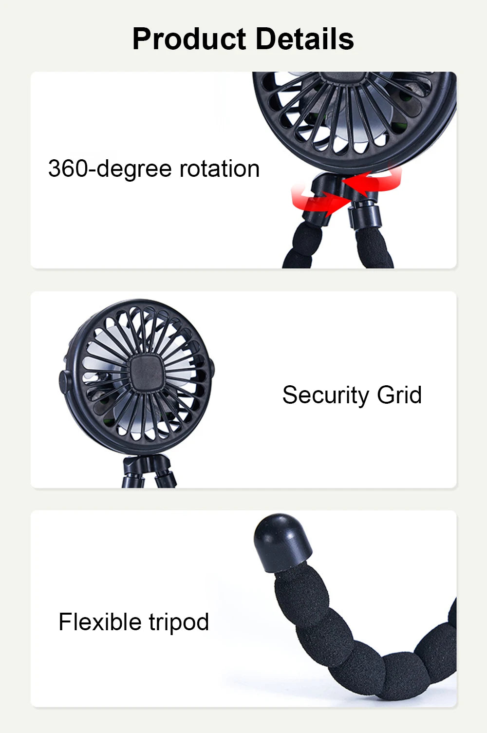 Mini Rechargeable Clip Fan – 360° Rotating Stroller, Bike & Car Tripod Fan
