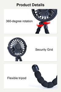 Mini Rechargeable Clip Fan – 360° Rotating Stroller, Bike & Car Tripod Fan
