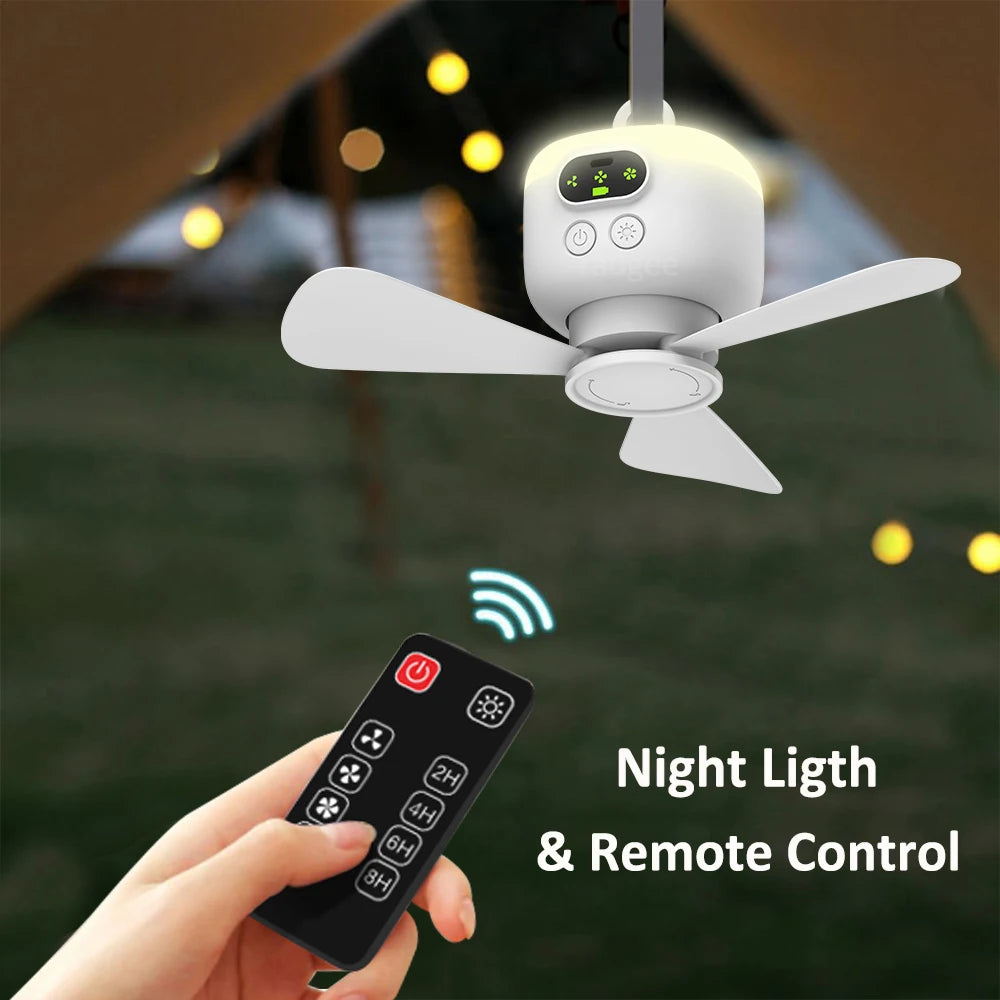 Portable Camping Tent Fan with LED Light – 8000mAh Rechargeable Ceiling Fan with Remote Control