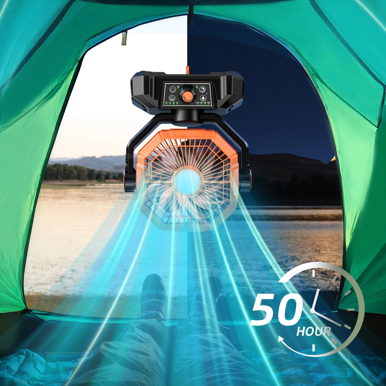 20000mAh Rechargeable Camping Fan – 8-Speed Portable Tent Fan with LED Lantern, Remote & Hook
