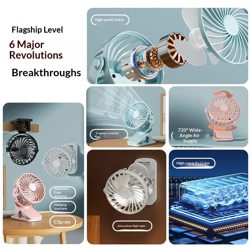 Portable Rechargeable Clip Fan – 720° Rotating Hanging Fan with Night Light for Camping & Outdoor Use