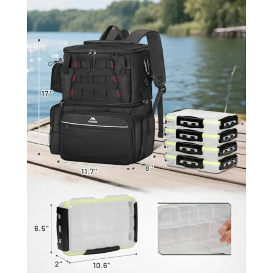 Fishing Backpack with 4 Tackle Boxes Fishing Bag with Rod Holder and Safety Compass and Cooler Gifts for Fishermen