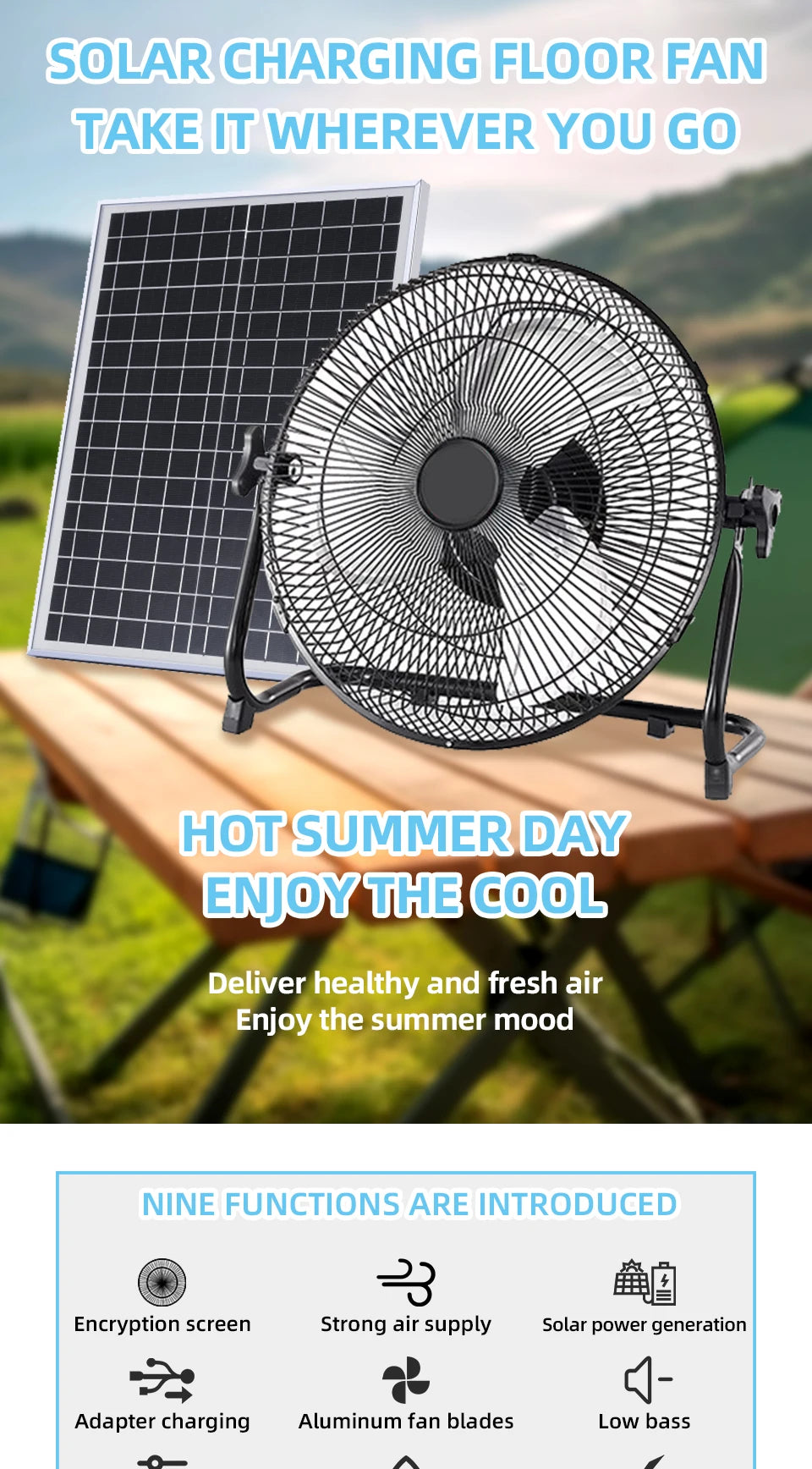 Battery Operated Solar Fan – Portable Indoor & Outdoor Fan with USB Phone Charging Output