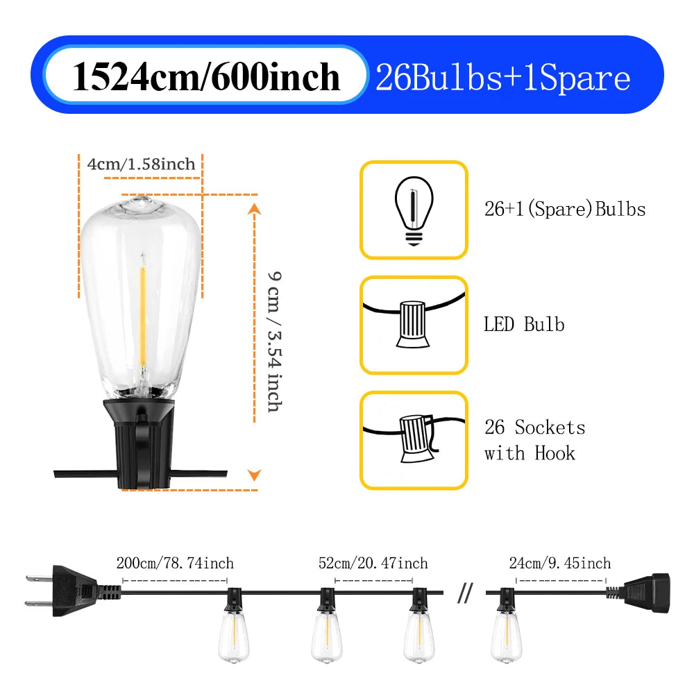 Up To 100FT ST38 LED Outdoor String Lights, Waterproof Shatterproof Connectable US Plug Patio Lamps for Garden, Balcony, Porch