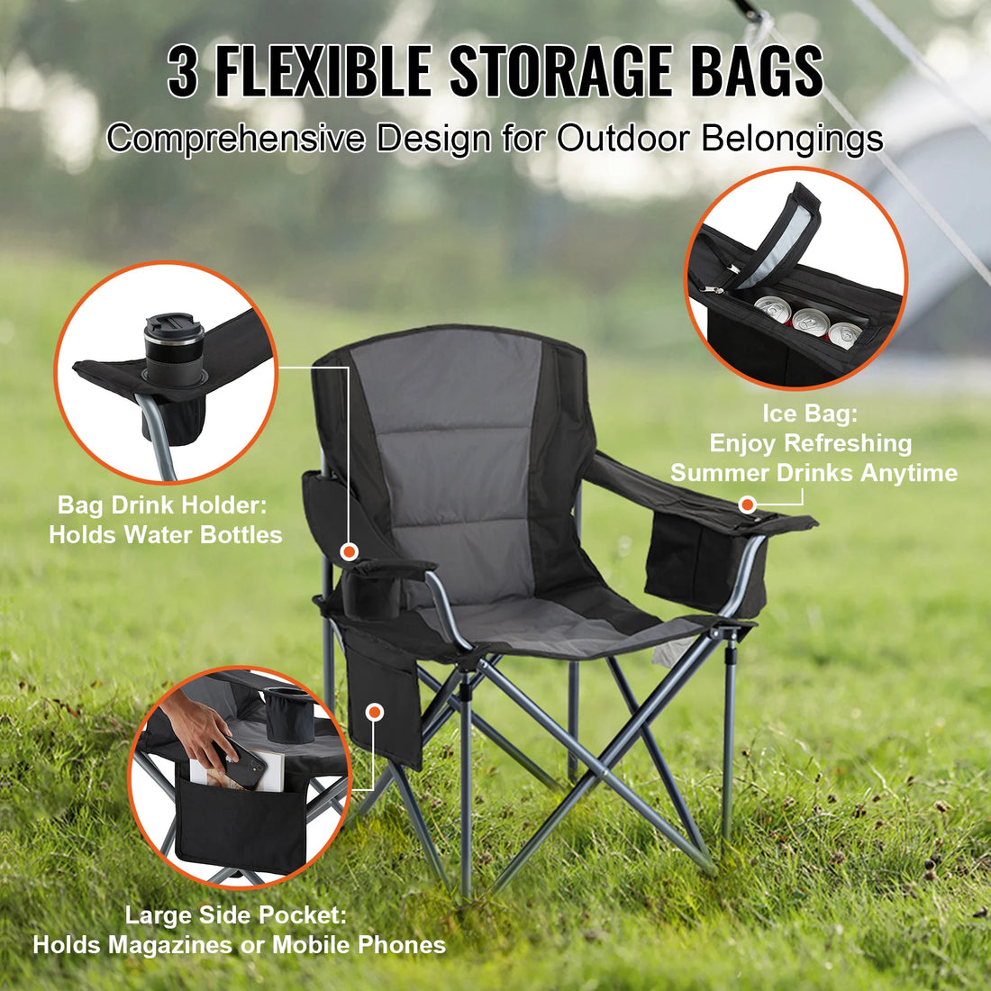Portable Camping Folding Chair for Adults – Quad Chair with Lumbar Support, Padded Armrests & Side Pockets for Beach, Lawn & Picnic