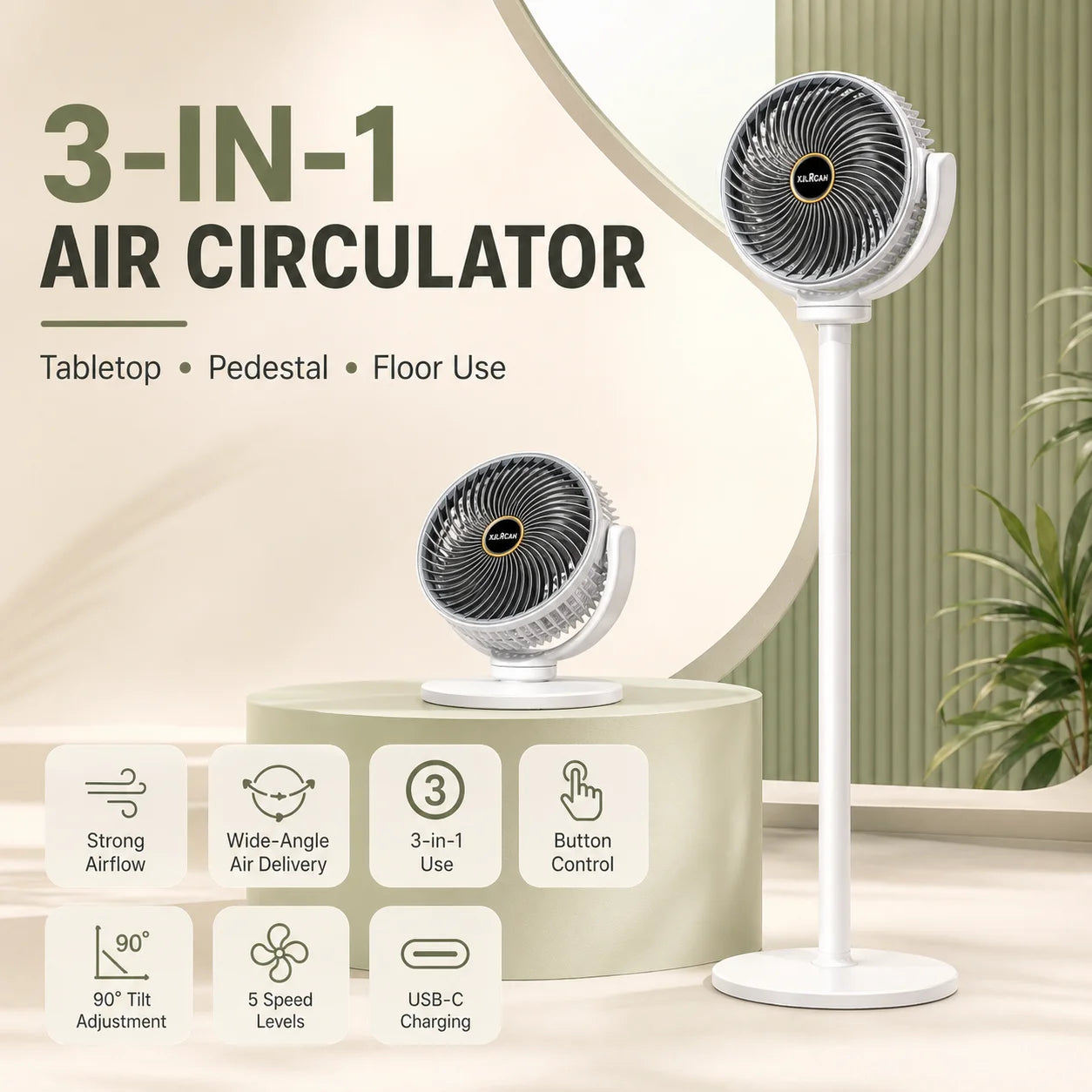 3-in-1 Portable Air Circulator Fan – 5-Speed Quiet Pedestal Stand Fan with USB-C Charging