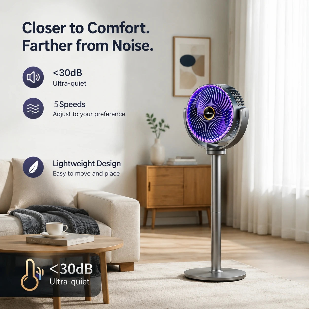 3-in-1 Portable Air Circulator Fan – 5-Speed Quiet Pedestal Stand Fan with USB-C Charging