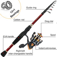 Sougayilang Telescopic Fishing Combo 1.8m 2.1m 2.4m Carbon Fiber Rod and 5.5:1 13+1BB Spinning Fishing Reel Fishing Kit Pesca