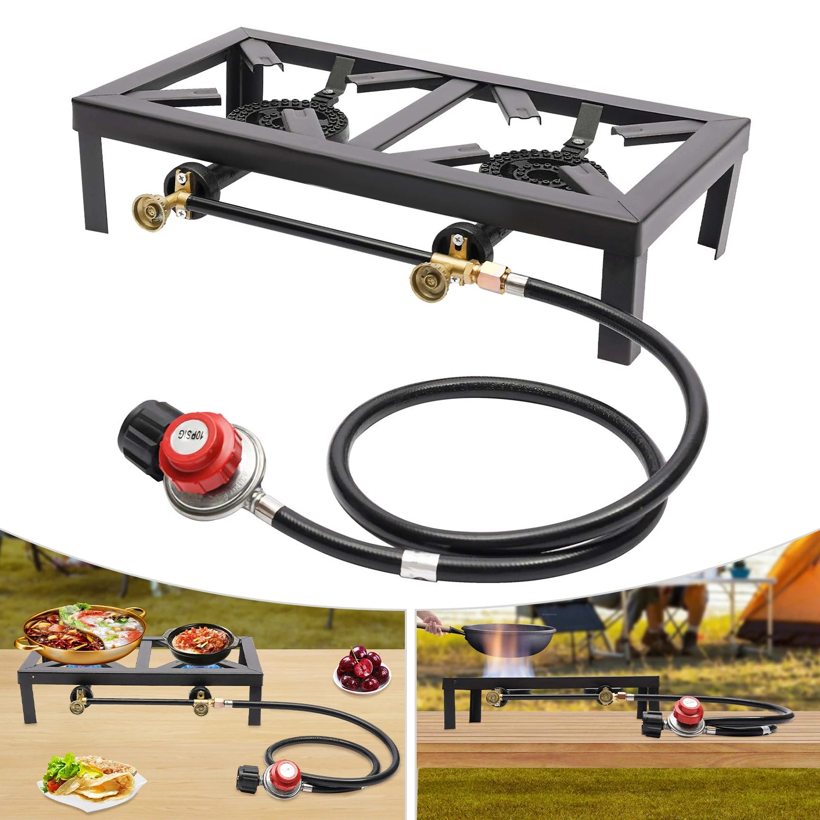 Portable Double Burner Gas Stove – Adjustable Regulator for Camping & BBQ | Field to Peak.