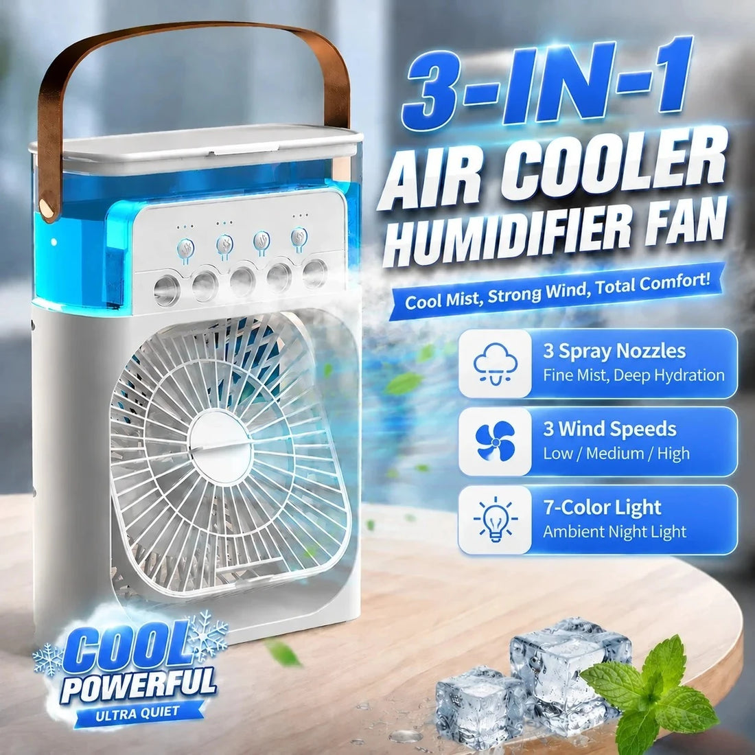 3-in-1 Portable Air Cooler Fan – LED Light, Humidifier & Water Spray Fan for Travel