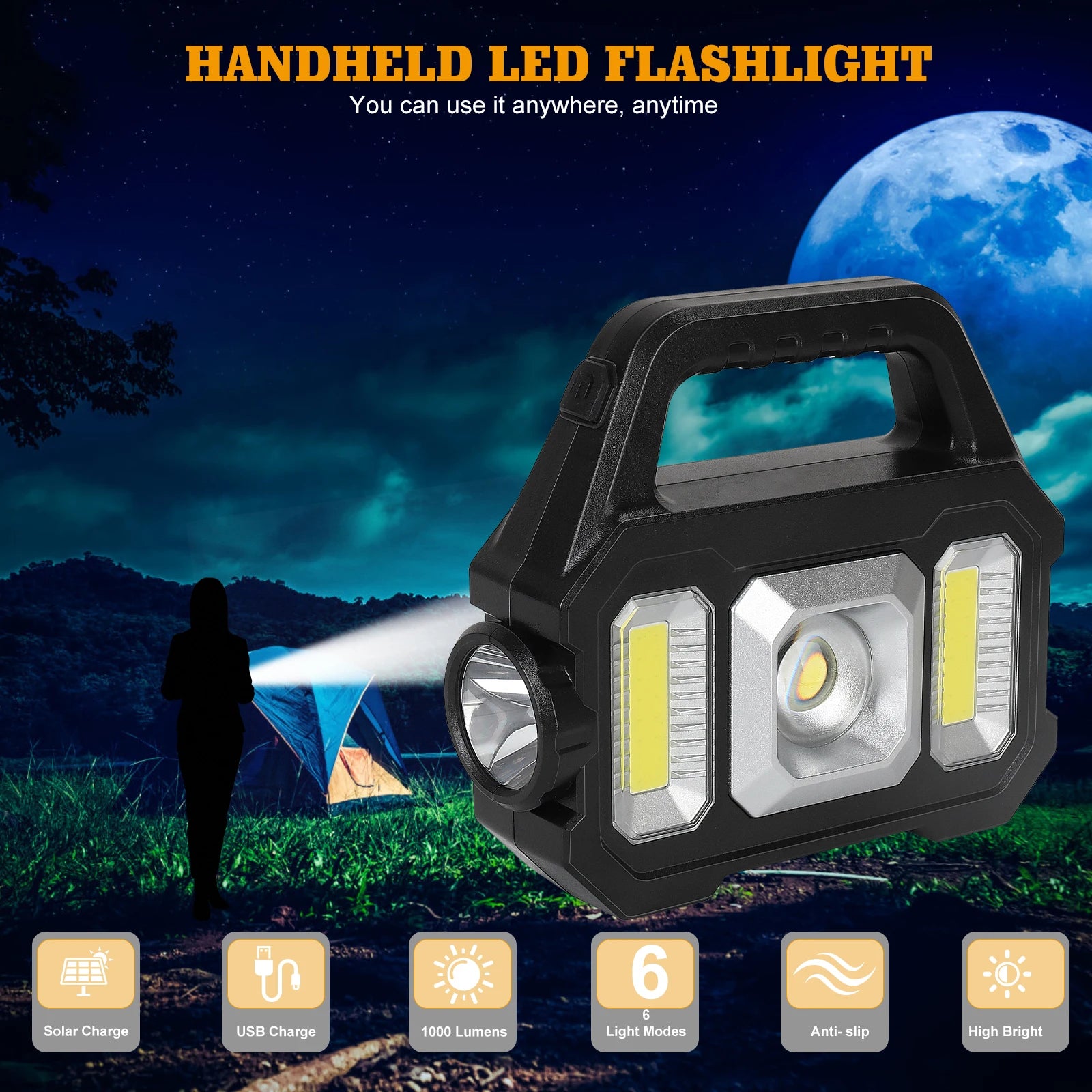 2000LM Solar-Powered LED Flashlight - Waterproof 6 Modes