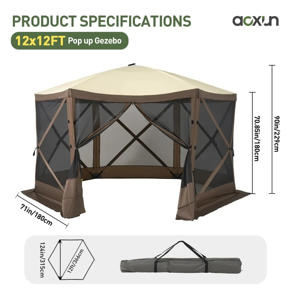 12x12 FT Pop Up Gazebo Screen Tent – 6-Sided Canopy with Carry Bag & Stakes, Outdoor Sun Shelter for Backyard & Camping