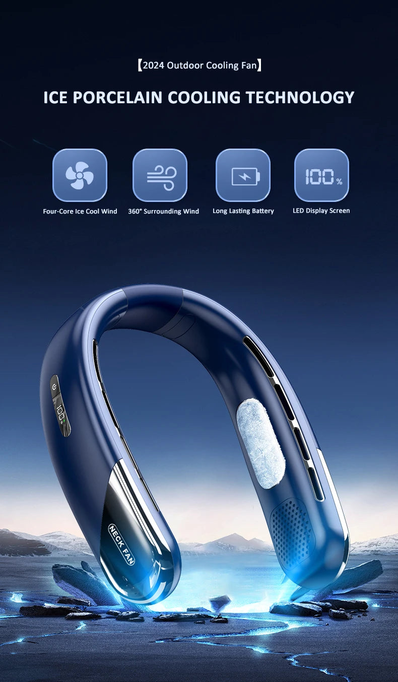 Wearable Neck Fan with LED Display – 360° Portable Cooling Fan, 5 Speeds & Low Noise Design