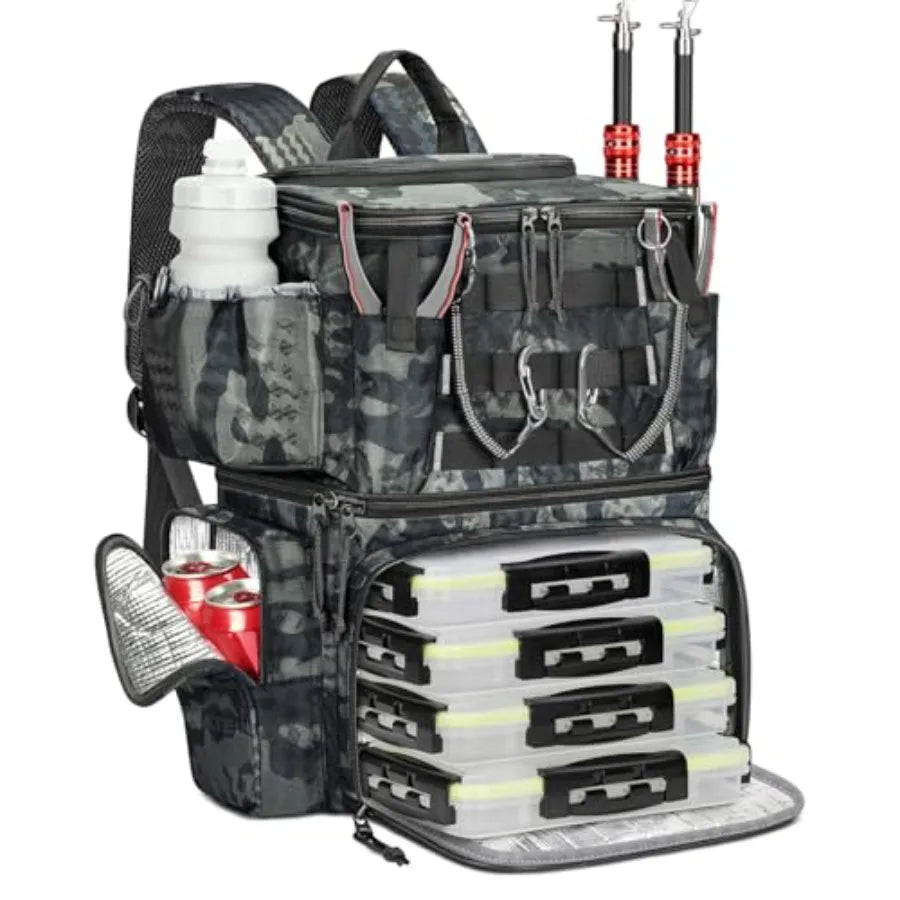 Fishing Backpack with 4 Tackle Boxes Fishing Bag with Rod Holder and Safety Compass and Cooler Gifts for Fishermen