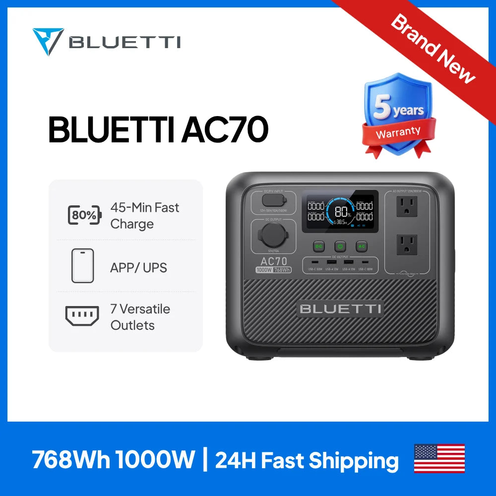 BLUETTI AC70 Portable Power Station | 1000W 768Wh, Generator for Road Trip, Off-grid, Power Outage