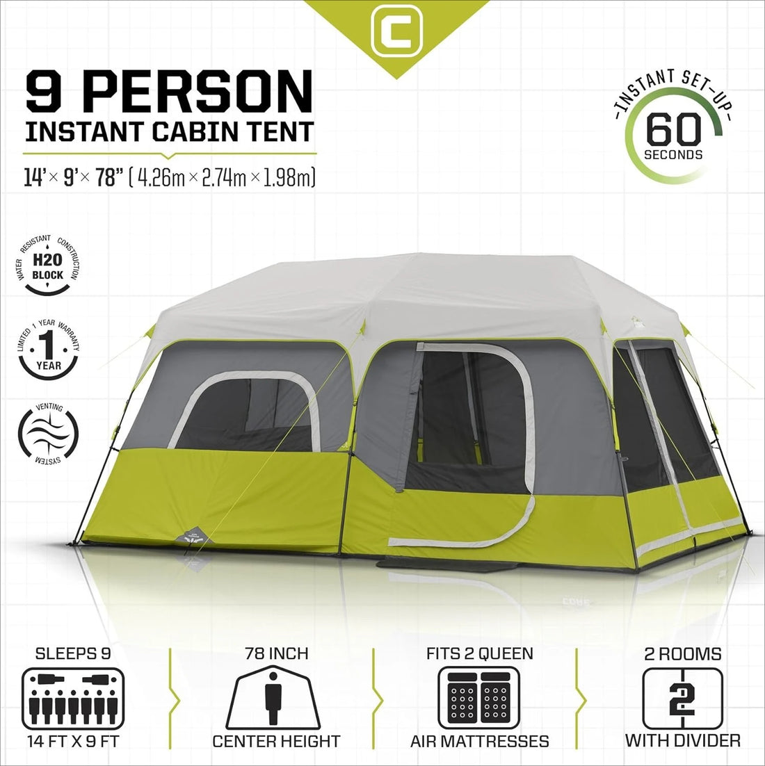 9 Person Instant Cabin Tent 14x9 FT – Large Family Camping Tent Waterproof Outdoor Shelter (Green)