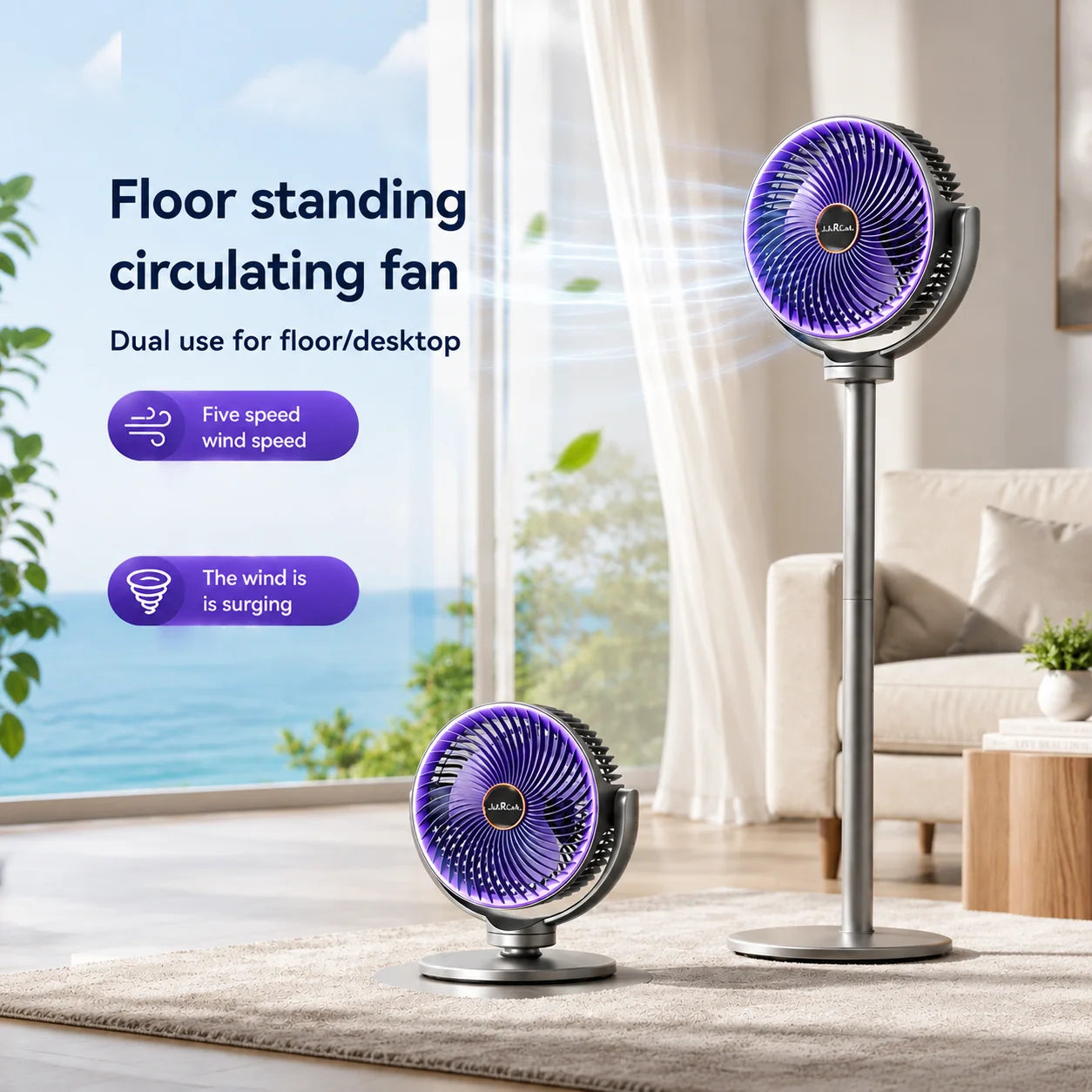 3-in-1 Portable Air Circulator Fan – 5-Speed Quiet Pedestal Stand Fan with USB-C Charging