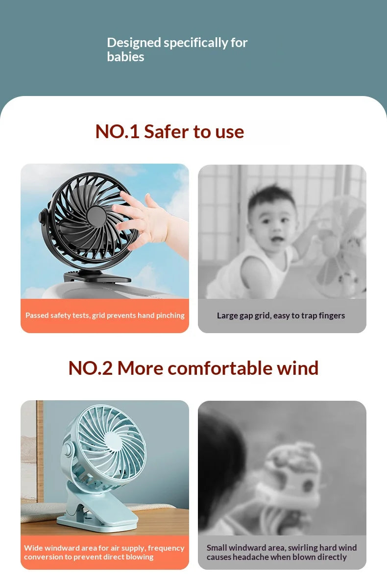 Portable Rechargeable Clip Fan – 720° Rotating Hanging Fan with Night Light for Camping & Outdoor Use