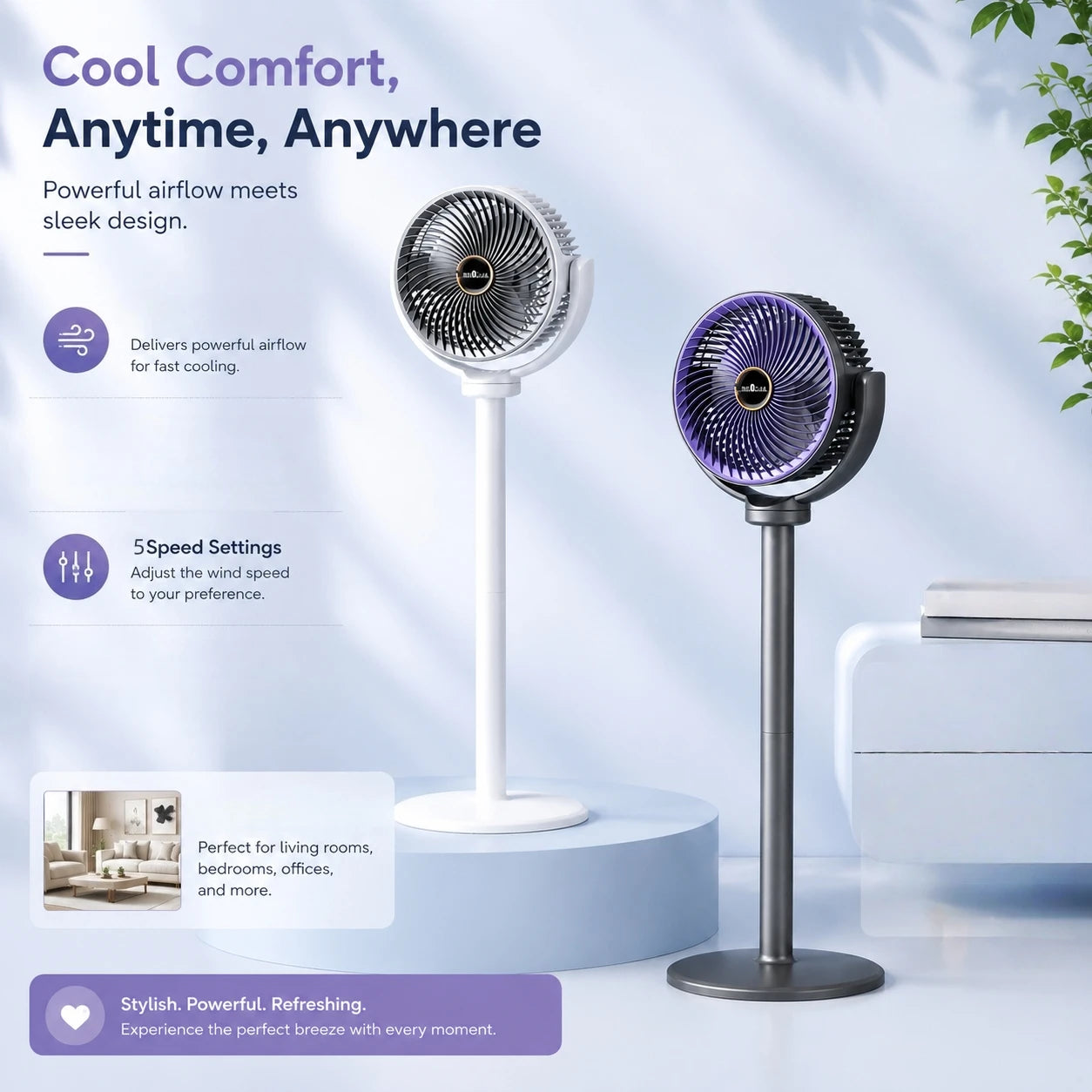 3-in-1 Portable Air Circulator Fan – 5-Speed Quiet Pedestal Stand Fan with USB-C Charging