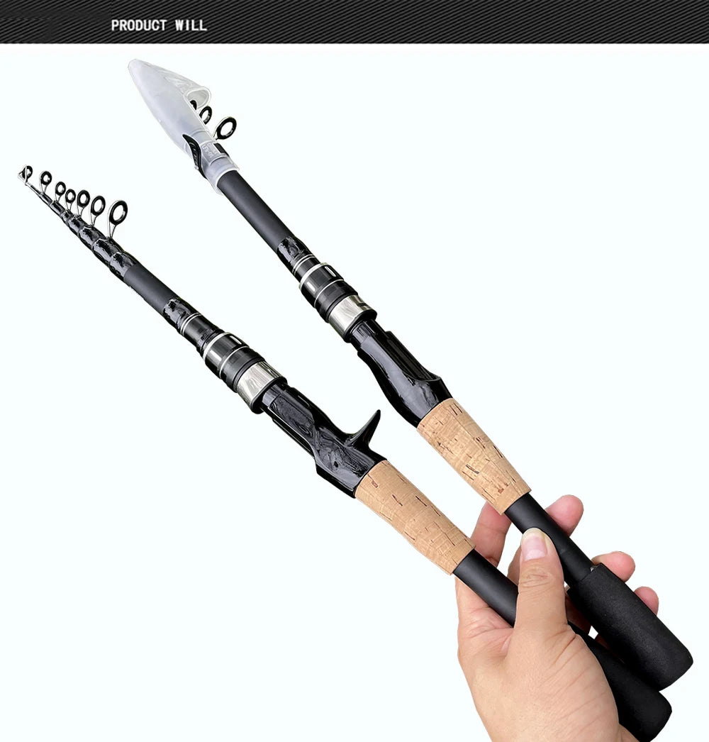 Ultra Lightweight Telescopic Baitcasting Fishing Rod – Carbon Fiber Spinning & Casting Rod with Wooden Handle